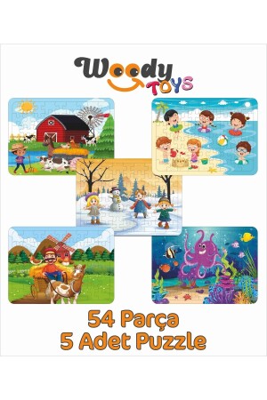 Ahşap Çocuk Puzzle Yapboz 5'li Set 54 Parça - Denizaltı, Çiftlik, Karda Oyun, Deniz puzzle025 - 4