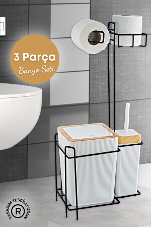 Ahşap Desenli Metal Standlı Yedekli Wc Kağıtlık Banyo Seti Beyaz 3 Adet Duş Lifi Hediye GM00341 - 3