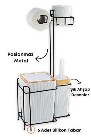 Ahşap Desenli Metal Standlı Yedekli Wc Kağıtlık Banyo Seti Beyaz 3 Adet Duş Lifi Hediye GM00341 - 4