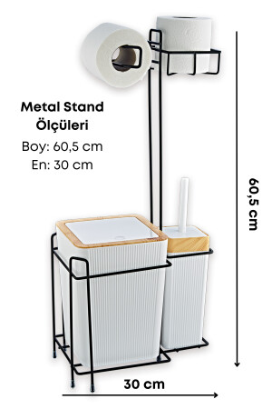 Ahşap Desenli Metal Standlı Yedekli Wc Kağıtlık Banyo Seti Beyaz 3 Adet Duş Lifi Hediye GM00341 - 5