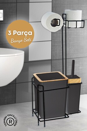 Ahşap Desenli Metal Standlı Yedekli Wc Kağıtlık Banyo Seti Siyah 3 Adet Duş Lifi Hediye - 3