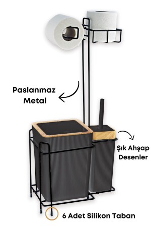 Ahşap Desenli Metal Standlı Yedekli Wc Kağıtlık Banyo Seti Siyah 3 Adet Duş Lifi Hediye - 4