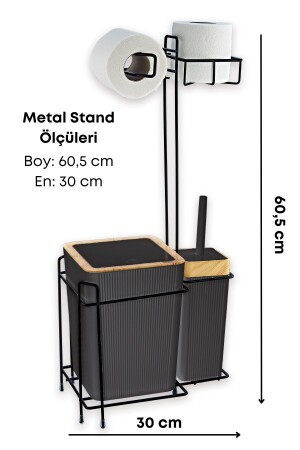 Ahşap Desenli Metal Standlı Yedekli Wc Kağıtlık Banyo Seti Siyah 3 Adet Duş Lifi Hediye - 5