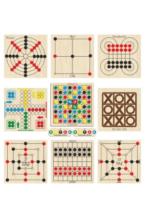 Ahşap Oyun Seti 9 Lu, Atla Topla-kızma Birader-dama-3 Taş-9 Taş-12 Taş-bihar-surakarta-tic-tac-toe eticset254 - 3