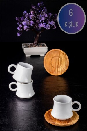 Ahşap Tabaklı 6 Kişilik Kahve Takımı Bambu Fincan Takımı Seramikfincan KF0401 - 2