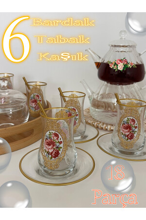 Altın Gül Desenli 6 Kişilik Çay Seti 6 Person Tea Set 000576 - 7