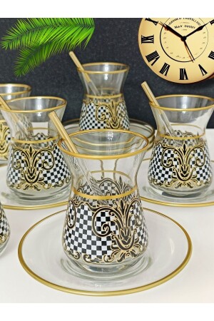 Altın Siyah Beyaz Kare Desenli 6 Kişillik Çay Seti 6 Person Tea Set 0007111 - 2