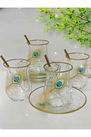 Altın Tavus Kuşu Tüyü Desenli 6 Kişilik Çay Seti Tea Set For 6 Persons 7222 - 9