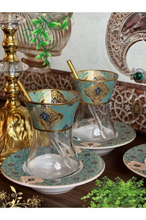 Altın Yeşil Desen Işlemeli 6 Kişilik Cam Porselen Çay Seti Tea Set For 6 Persons Premium Porcelain 1761008 - 1