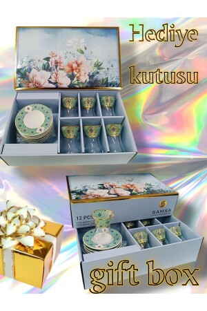 Altın Yeşil Desen Işlemeli 6 Kişilik Cam Porselen Çay Seti Tea Set For 6 Persons Premium Porcelain 1761008 - 4