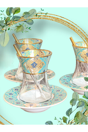 Altın Yeşil Desen Işlemeli 6 Kişilik Cam Porselen Çay Seti Tea Set For 6 Persons Premium Porcelain 1761008 - 5