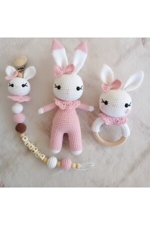 Amigurumi Rosa Geschenk Decke Schnullerkette Rassel Schlafbegleiter Set Ust62 - 3