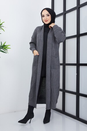 Anthrazitfarbener, gestrickter, gemusterter Strick-Cardigan für Damen mit Taschen - 2