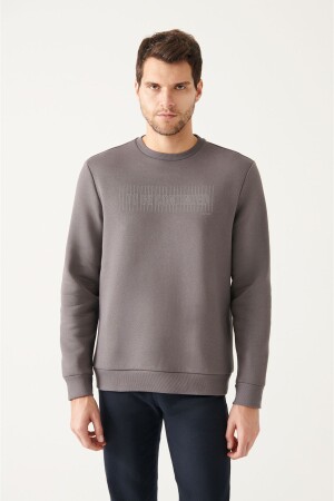 Anthrazitfarbenes Herren-Sweatshirt mit Rundhalsausschnitt und 3-fädigem Fleece-Aufdruck in normaler Passform A22Y1129 - 6