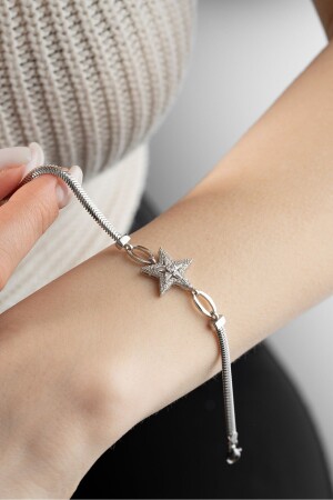 Armband aus 925er-Sterlingsilber mit Fischgrätmuster und Baguette-Stein-Stern-Kette - 1