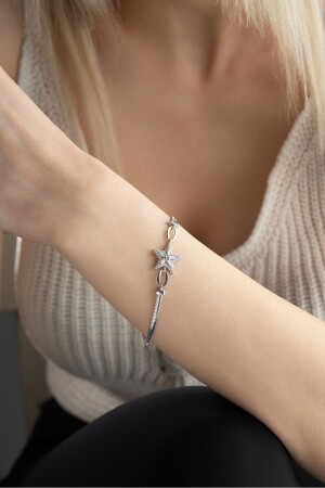 Armband aus 925er-Sterlingsilber mit Fischgrätmuster und Baguette-Stein-Stern-Kette - 4