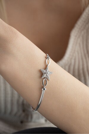 Armband aus 925er-Sterlingsilber mit Fischgrätmuster und Baguette-Stein-Stern-Kette - 6