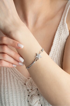 Armband aus 925er-Sterlingsilber mit Fischgrätmuster und Baguette-Stein-Stern-Kette - 7