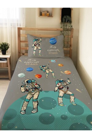 Astronot Desenli Bebek Ve Çocuk Baskılı Tek Kişilik Pike Takımı 160x230 Gri 13781 - 2