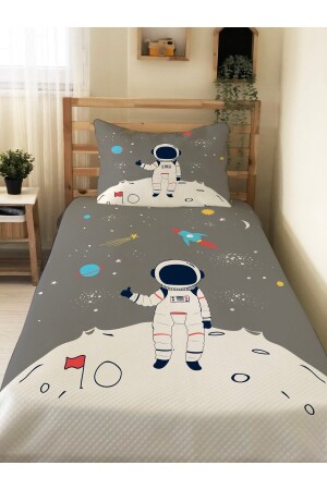 Astronot Desenli Bebek Ve Çocuk Baskılı Tek Kişilik Pike Takımı 160x230 Gri TYC00855455306 - 3