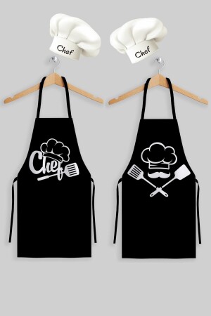 Ays Home Black Cook Chef Küchenschürzen-Set mit Doppelhut (2 Hüte und 2 Schürzen) - 2