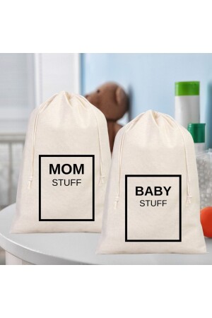 Baby Stuff Ve Mom Stuff Baskılı Anne Bebek Eşya Organizeri Ham Bez Kese 2 Adet 30x40 Cm FEKS1017 - 2