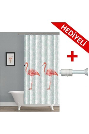 Badevorhang Flamingo + Kleiderbügel mit Geschenk 123-200 cm BPFLAMINGOS-180X200-H - 1