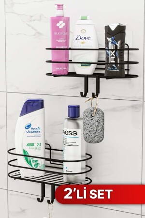 Badezimmer-Organizer, Shampoo-Halter, Seifenschale, 2er-Set, selbstklebendes Duschregal mit 4 Kleiderbügeln, Edelstahl-Organizer - 1