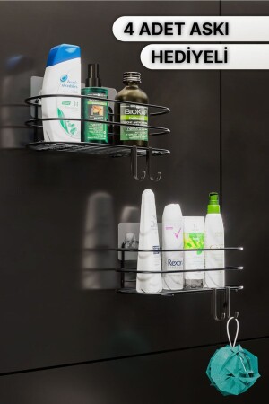 Badezimmer-Organizer, Shampoo-Halter, Seifenschale, 2er-Set, selbstklebendes Duschregal mit 4 Kleiderbügeln, Edelstahl-Organizer - 4