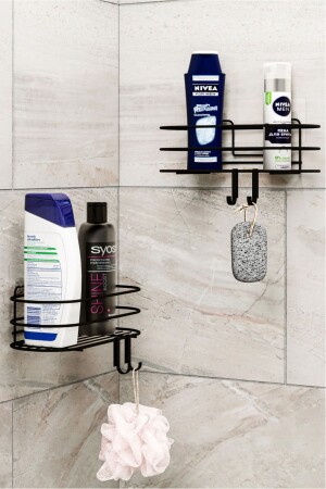 Badezimmer-Organizer, Shampoo-Halter, Seifenschale, 2er-Set, selbstklebendes Duschregal mit 4 Kleiderbügeln, Edelstahl-Organizer - 5