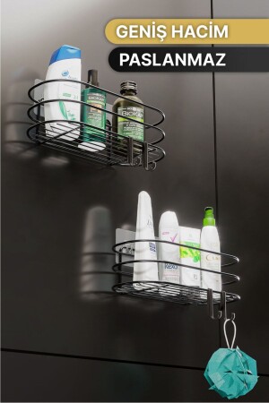 Badezimmer-Organizer, Shampoo-Halter, Seifenschale, 2er-Set, selbstklebendes Duschregal mit 4 Kleiderbügeln, Edelstahl-Organizer - 6