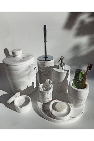 Badezimmer-Set in Marmoroptik, Mülleimer, Toilettenbürste, Tablett, Seifenspender, Baumwollspender, Getränkehalter - 3