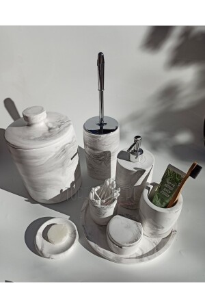 Badezimmer-Set in Marmoroptik, Mülleimer, Toilettenbürste, Tablett, Seifenspender, Baumwollspender, Getränkehalter - 5