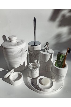 Badezimmer-Set in Marmoroptik, Mülleimer, Toilettenbürste, Tablett, Seifenspender, Baumwollspender, Getränkehalter - 8