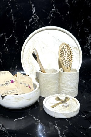 Badezimmer-Set-Organizer aus Beton mit Marmormuster, Beige, Zahnbürstenhalter, BM-202 - 4