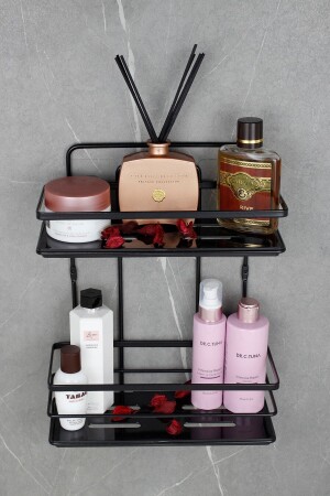 Badezimmer- und Kosmetik-Organizer mit Kristallregal, Edelstahlspitze, doppeltes schwarzes Badezimmerregal, Shampoo-Halter HMY-LŞ02S - 4