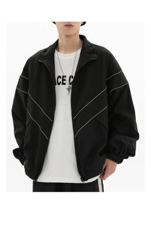 Baggy Vintage College-Jacke in Schwarz mit Reißverschluss und Parachute-Muster - 1