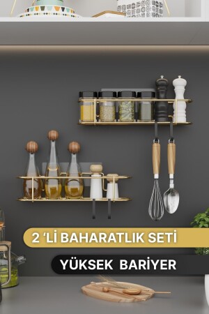 Baharatlık 2 Li Set Gold Metal Mutfak Rafı Banyo Rafı Yapışkanlı Kancalı Tuzluk Askılık binogold11-g2 - 5