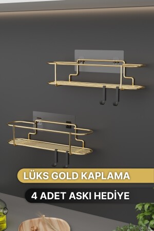 Baharatlık 2 Li Set Gold Metal Mutfak Rafı Banyo Rafı Yapışkanlı Kancalı Tuzluk Askılık binogold11-g2 - 6