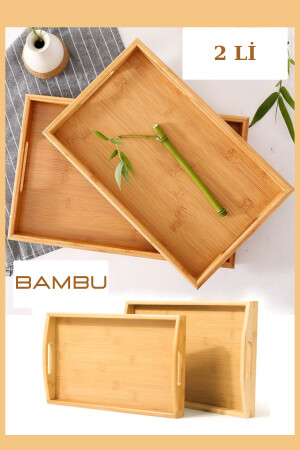 2'li Kulplu Bambu Ahşap Dikdörtgen Çay Kahve Servis Lüx Sunum Tepsi 33cm&40cm Bambu Tepsi 2 Li - 3