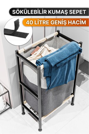 Banyo Düzenleyici Çamaşır Sepeti Ahşap Raflı Kirli Sepeti Keten Kumaşlı Organizer Y03 - 4