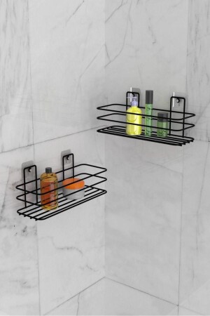 Banyo Düzenleyici Şampuanlık Sabunluk Yapışkanlı 2 Adet Banyo Rafı Mat Siyah Duş Rafı Organizer eva-metal6516984 - 2