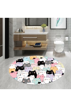 , Banyo Paspası, Kedi Desenli, 80cmx80cm, Yuvarlak, Kaymaz Taban Halı multicat01 - 3