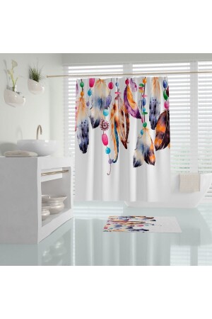 Banyo Perdesi Dream Catcher Tüy Desenli Baskılı Solmaz Su Geçirmez Polyester Duş Perdesi C Halkalı - 2