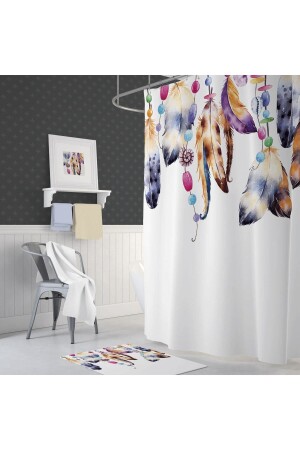 Banyo Perdesi Dream Catcher Tüy Desenli Baskılı Solmaz Su Geçirmez Polyester Duş Perdesi C Halkalı - 4