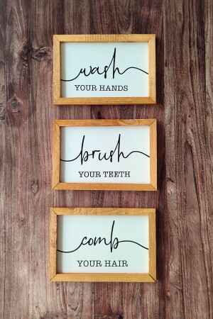 Banyo- Wash Your Hands- Brush Your Teeth- Comb Your Hair- Ahşap Çerçeveli Tablo Seti - 2