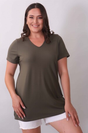 Basic-Khaki-Bluse mit V-Ausschnitt - 1