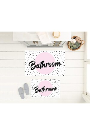 Bathroom Yazılı Banyo Paspası, Klozet Takımı, Kaymaz Taban Klozet Takımı, Dekoratif Paspas, Çeyizlik ECAP72-KT - 4