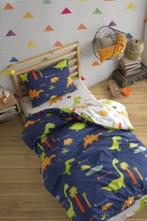 Baumwoll-Bettbezug-Set für Einzelbett, Dinos, Marineblau, Ep-024557 - 1