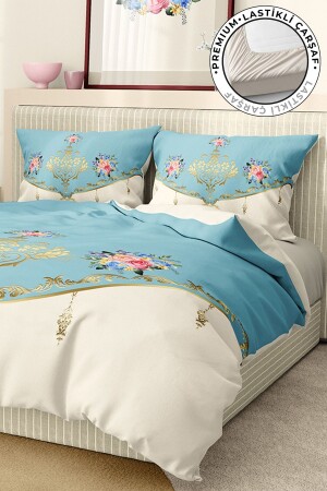 Bettbezug-Set, 100 % Baumwollsatin, Spannbettlaken, Deluxe-Kollektion, Doppelbett, 3D-Blau, Premium0736 - 1